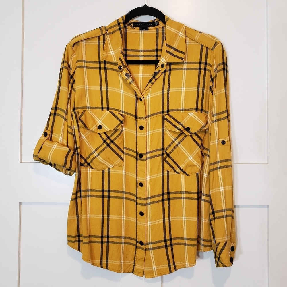 Sanctuary Plaid Boyfriend Light Flannel Snap Down Mustard Black White Si… - Picture 1 of 14